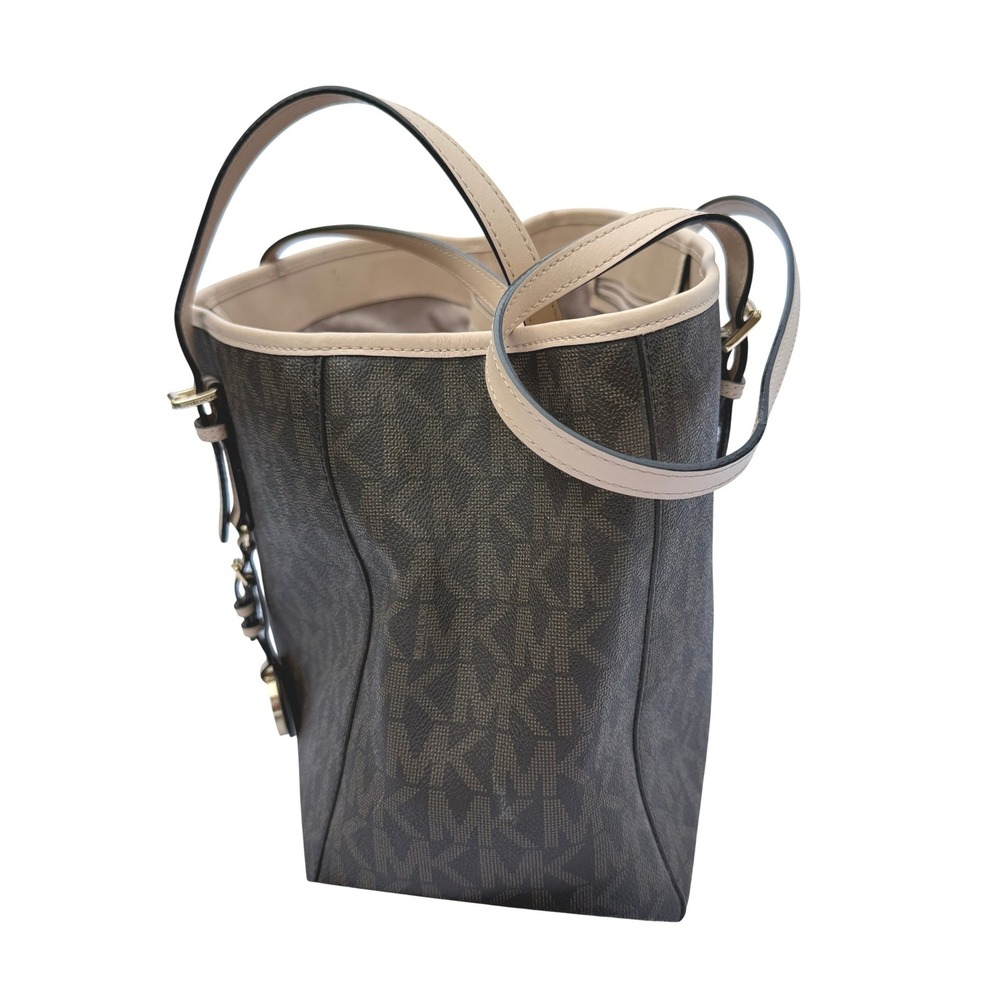Michael Kors Voyager Medium Logo Tote Bag Brown Monogram Acorn Leather Trim - Picture 2 of 14